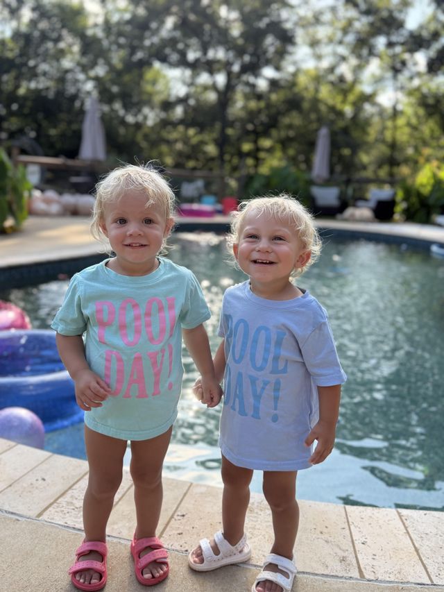 Customer photo of two children in Pool Day tees